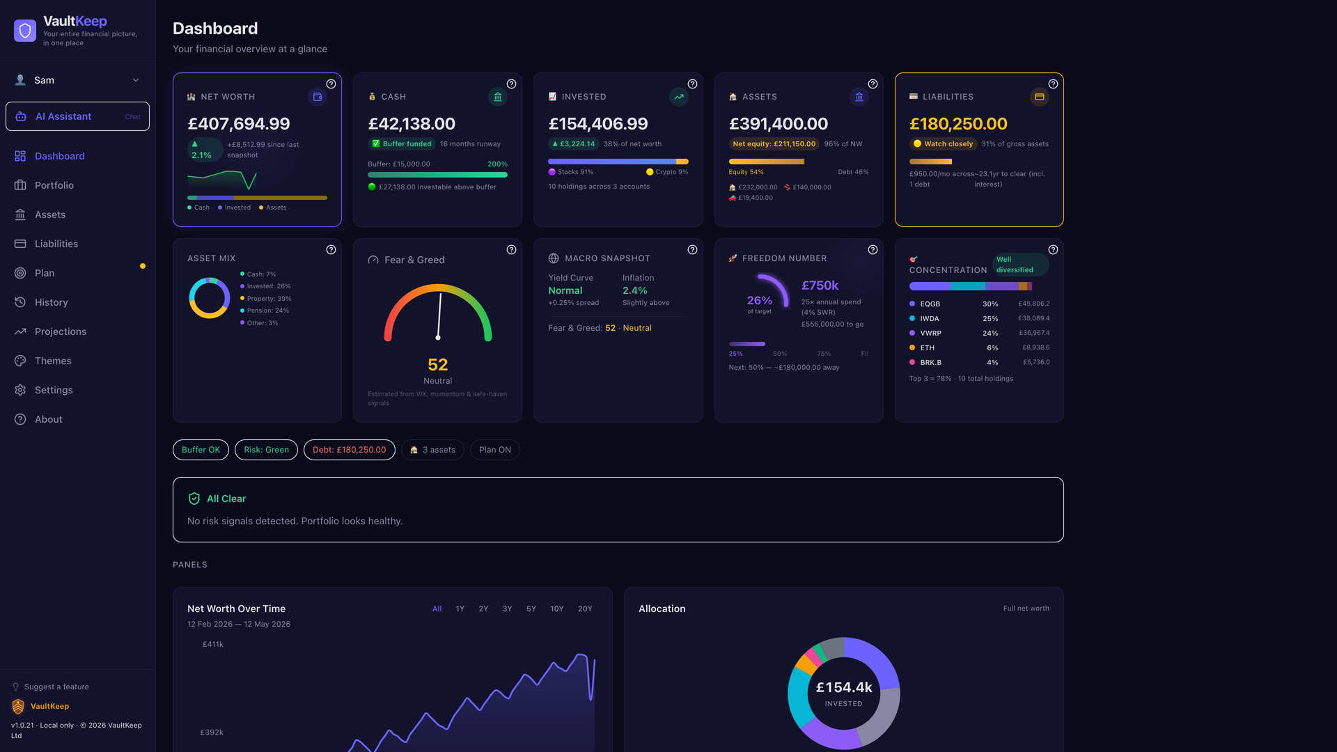 VaultKeep dashboard showing net worth, cash, allocation, and risk signals